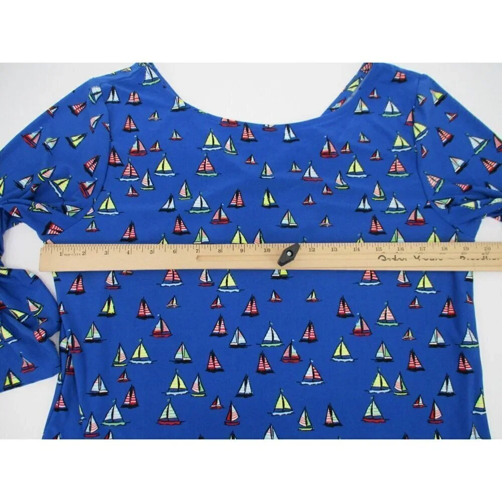 Leota Womens Dress 1X Long Blue Preppy Nautical Ships Boats Stretch Pullover